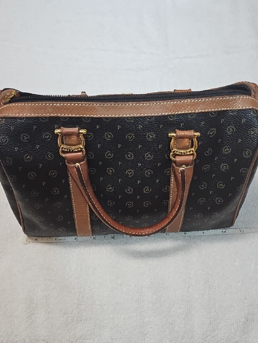 Vintage Pollini Black Monogram Satchel with Brown Trim - Picture 6 of 10